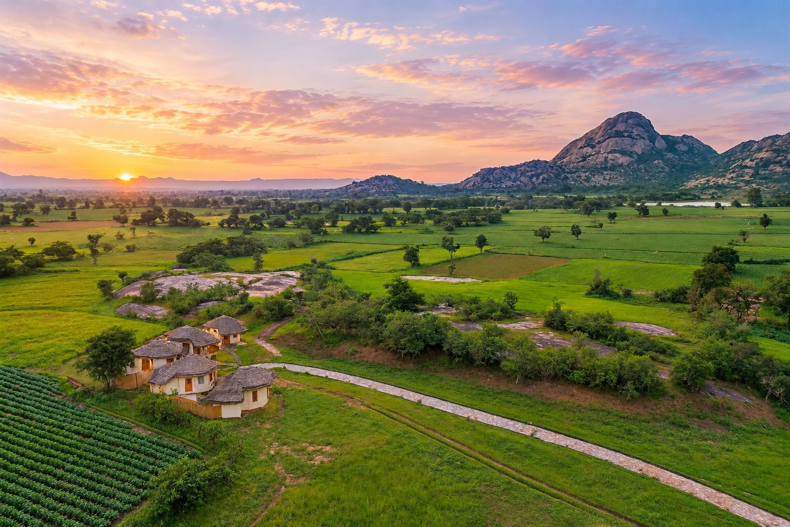 A rural landscape with a village, green fields, and mountains in the background.