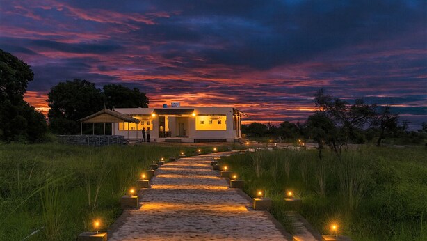 A house with a paved pathway leading to it, surrounded by grass and trees. - Jawai Vanya Bagh - Luxury Leopard Safari Resort (Bali)