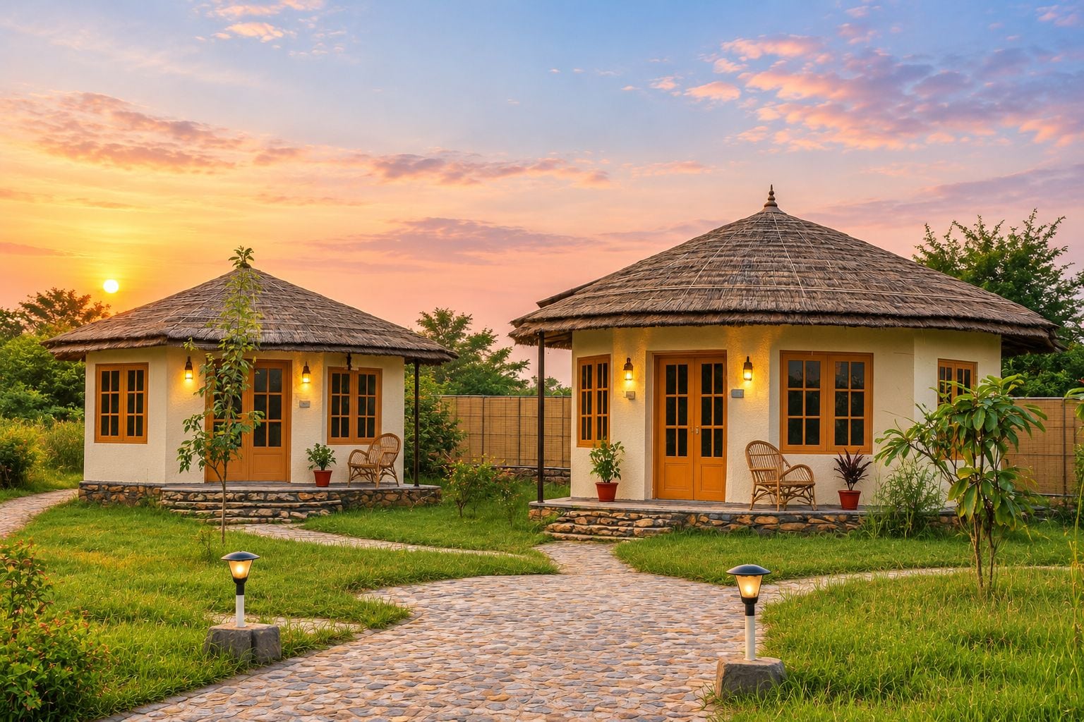 A bungalow-style house with a thatched roof, a paved pathway, and a small garden.