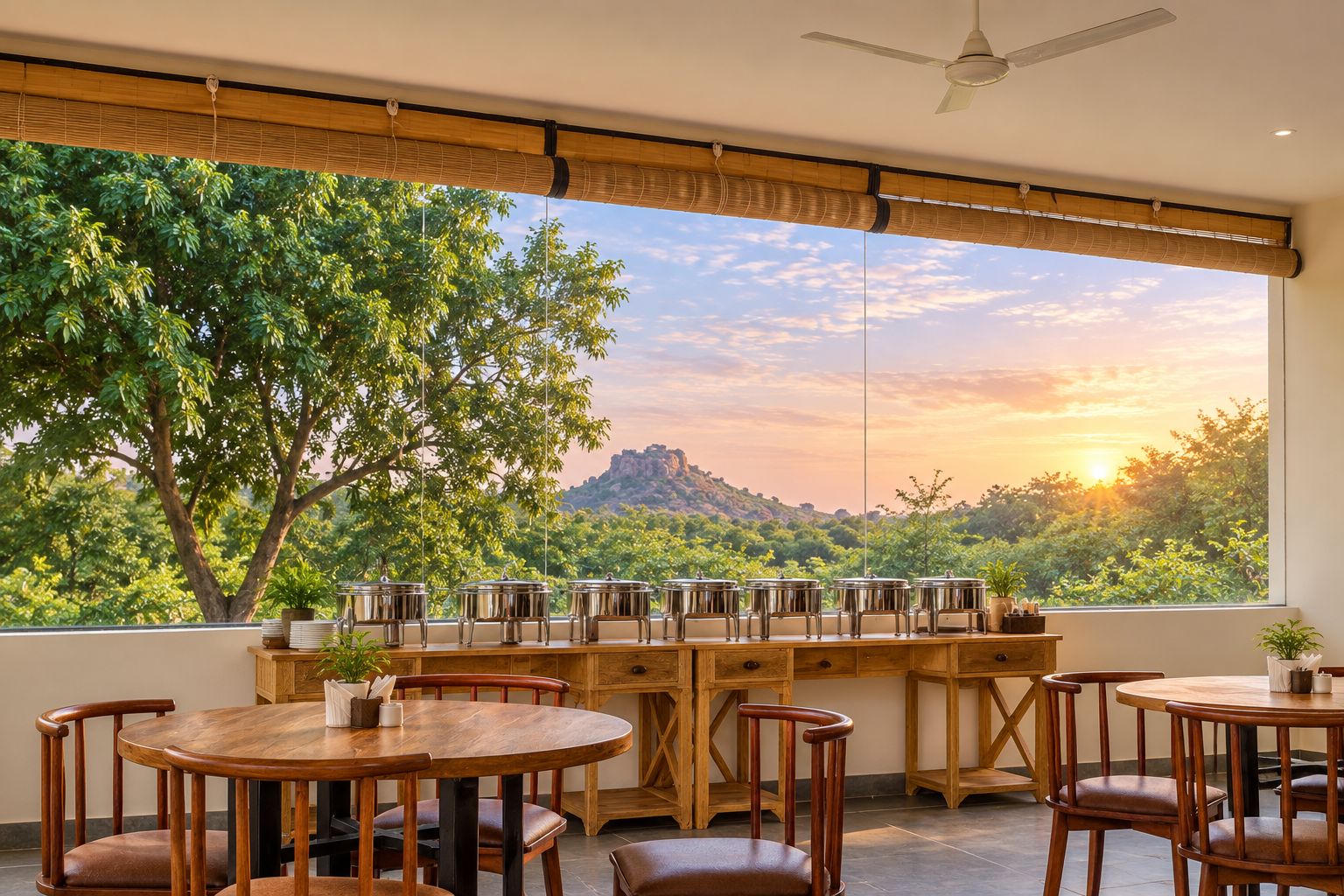 A dining area with round wooden tables and chairs, a buffet setup with metal serving dishes, and a large window offering a view of trees and a mountain.
