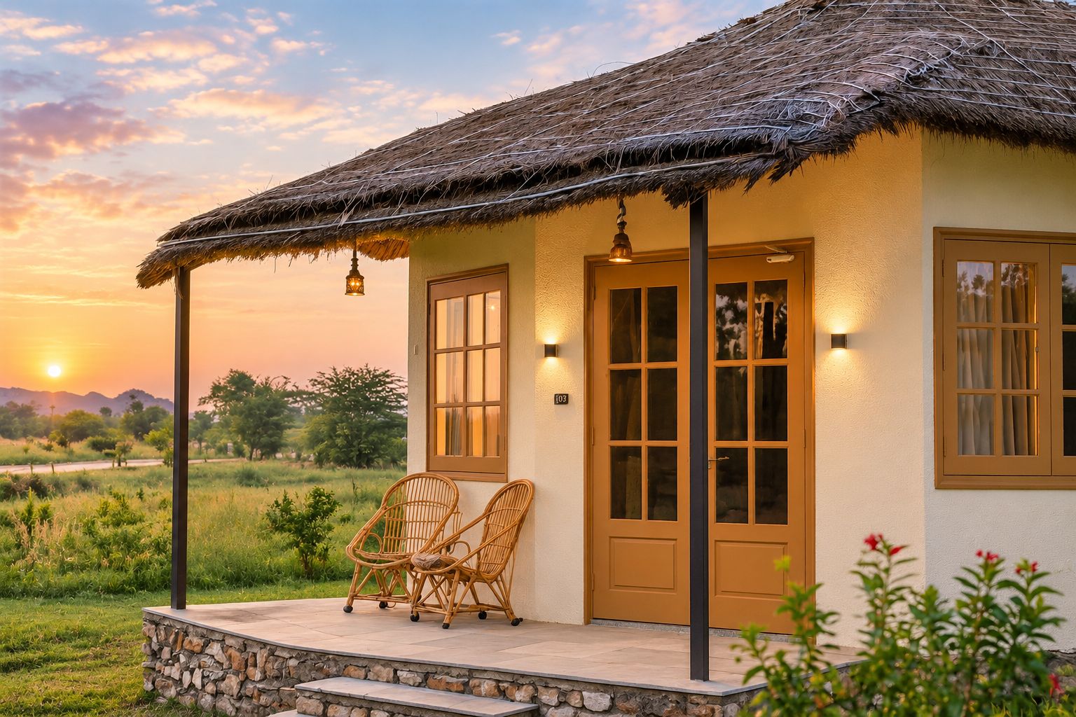 A house with a thatched roof, a porch with wicker chairs, and a view of the landscape.