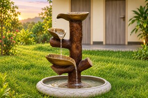 A wooden water feature with multiple bowls and a circular basin, set on a grassy lawn with a building in the background.