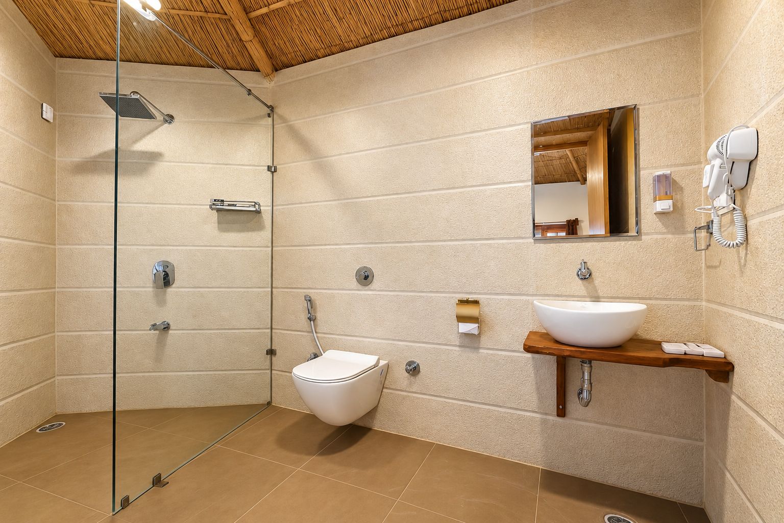 A modern bathroom with a glass-enclosed shower, a toilet, a sink with a wooden countertop, and a mirror above the sink.