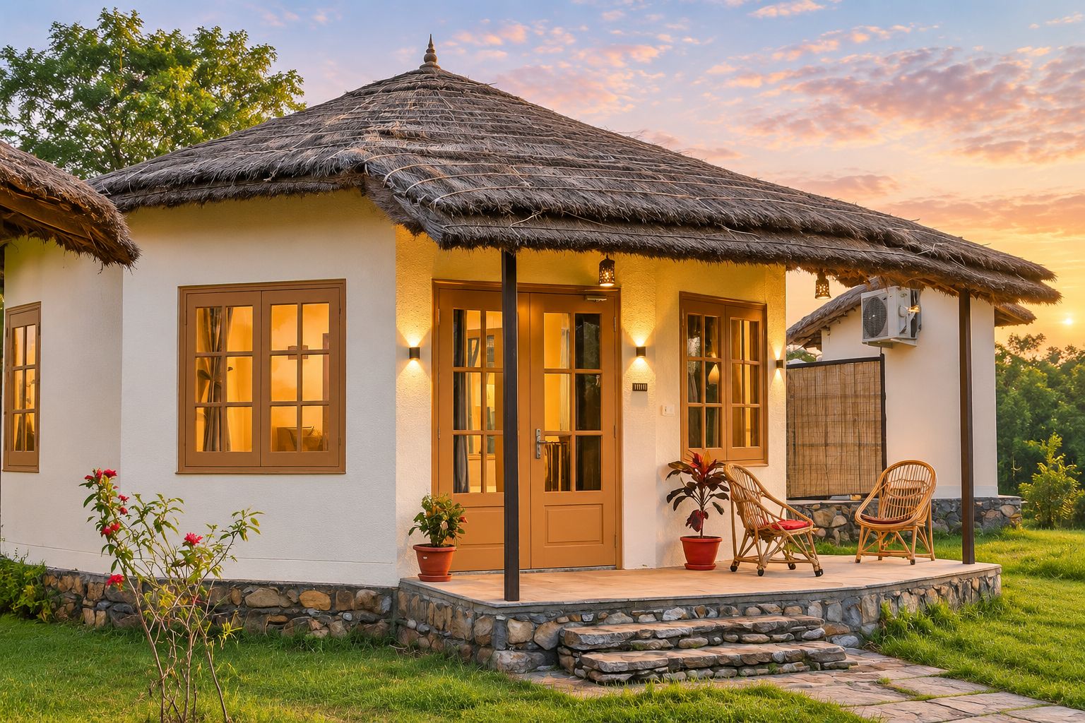 A house with a thatched roof, a porch with chairs, and a stone wall.
