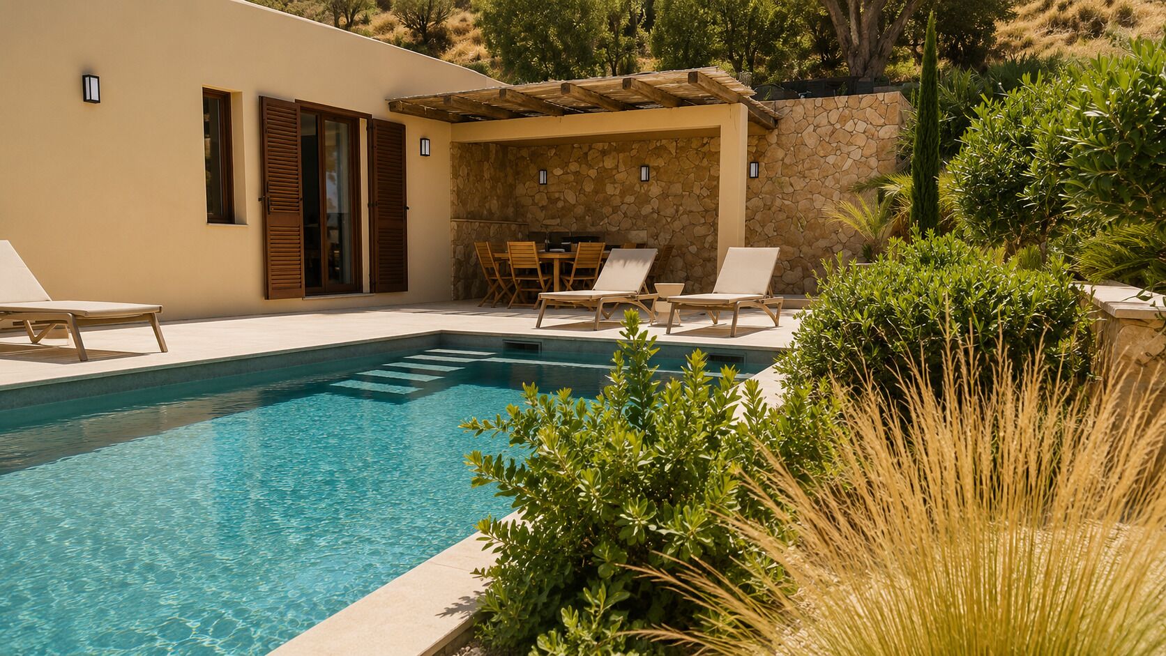Una piscina con sillas de descanso, un muro de piedra y una pérgola.