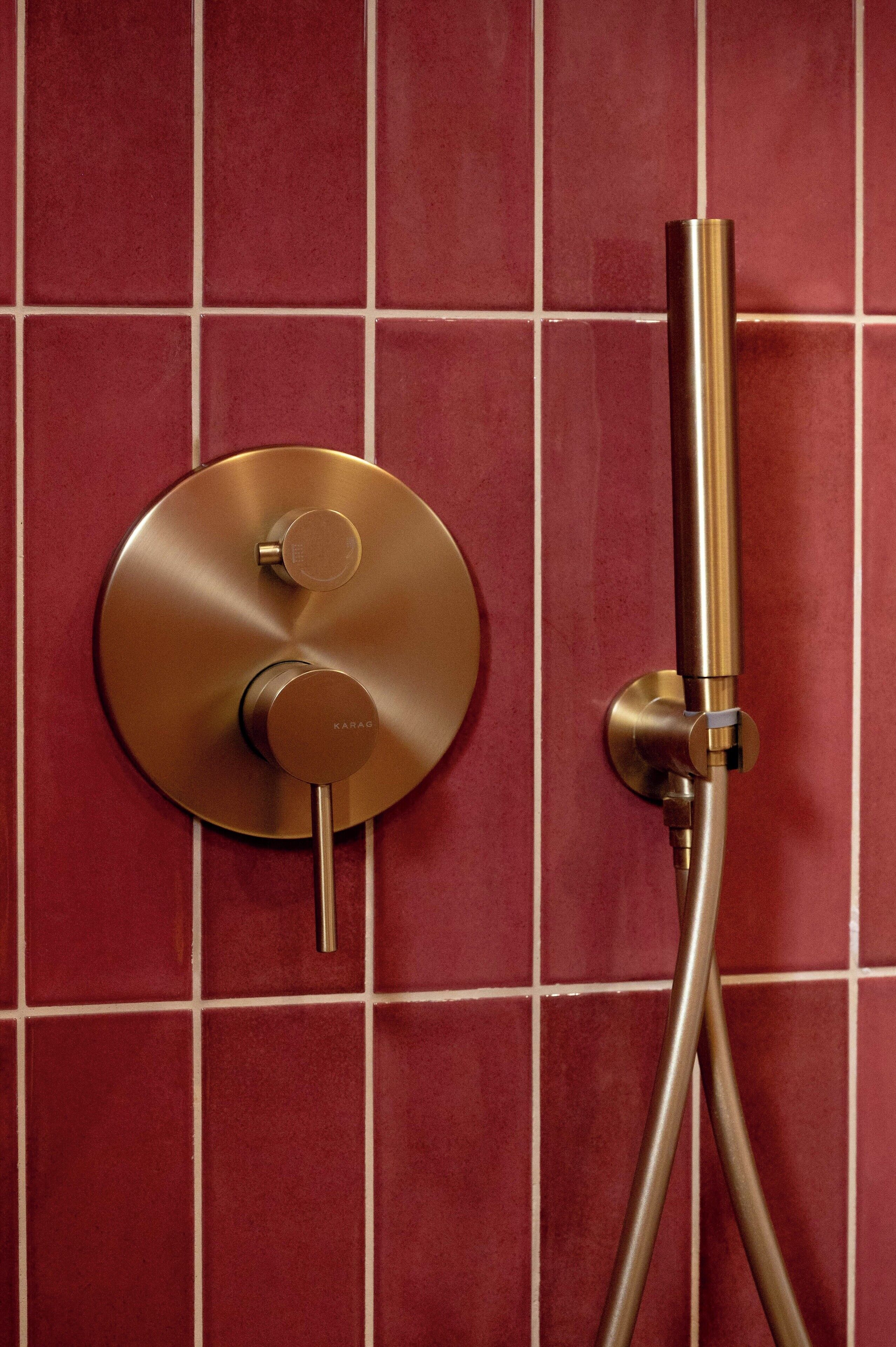 A wall-mounted shower control with a single lever and a vertical hose.
