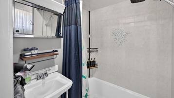 Une salle de bain avec une douche, un lavabo et un miroir.