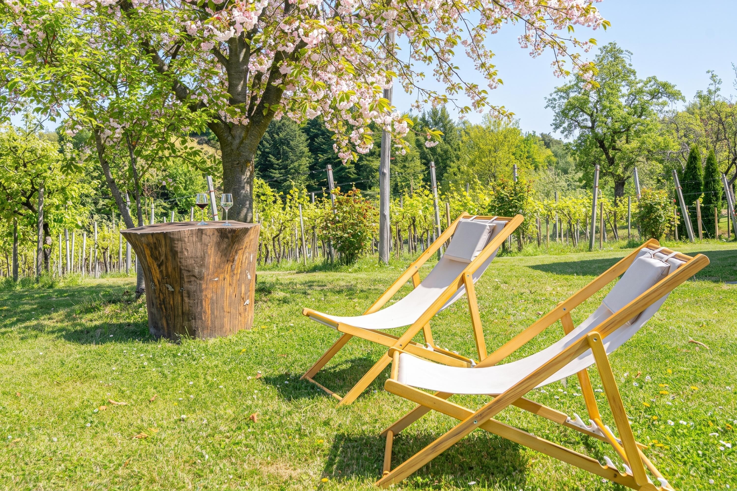 Dos sillones de madera con cojines blancos sobre un césped, un árbol grande con flores rosadas y un poste de madera al fondo.
