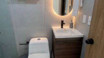 Douche, séchoir à cheveux, serviettes fournies, savon