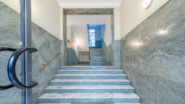 Un escalier en marbre, doté d’une rampe et surmonté d’un tapis marron à sa base.