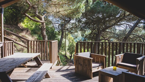 A wooden deck with picnic tables and benches, surrounded by trees.