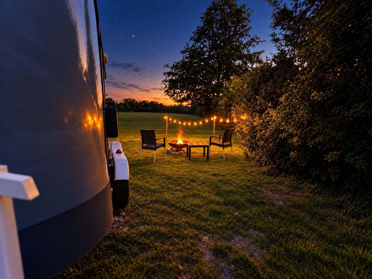 A campsite with a tent, a fire pit, and string lights.