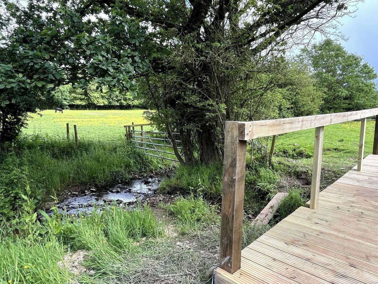 A wooden deck with a metal railing overlooking a grassy field and a small stream.