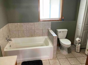 Hair dryer, towels, soap, toilet paper