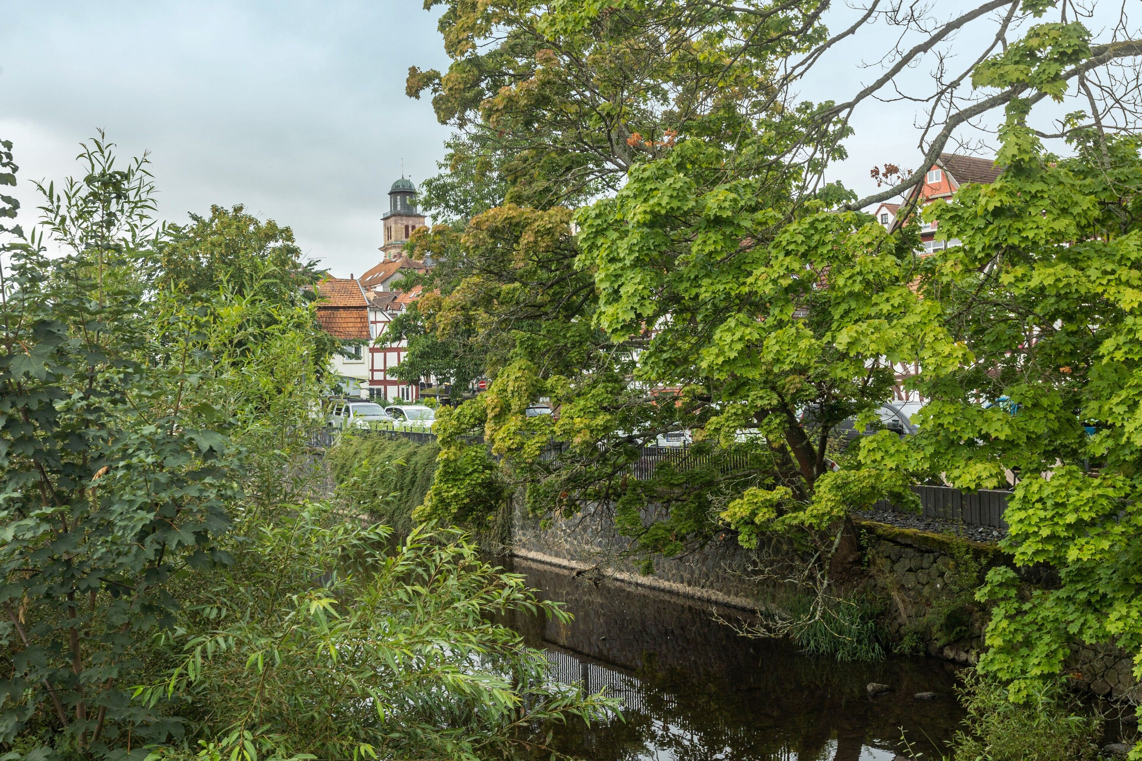 A river with a stone bridge, surrounded by lush greenery and buildings in the background.