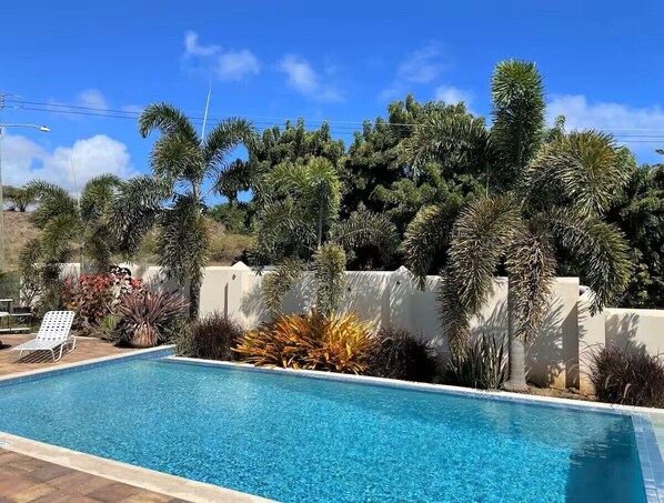 Una piscina con cerca blanca, rodeada de diversas plantas tropicales y un muro blanco.