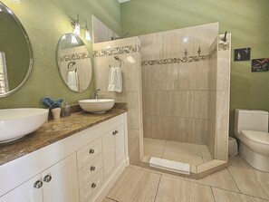 Shower, hair dryer, towels, soap