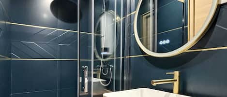 Shower, hair dryer, towels