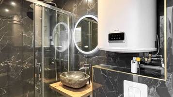 Shower, hair dryer, towels