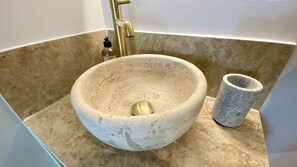 Hair dryer, towels, soap, toilet paper