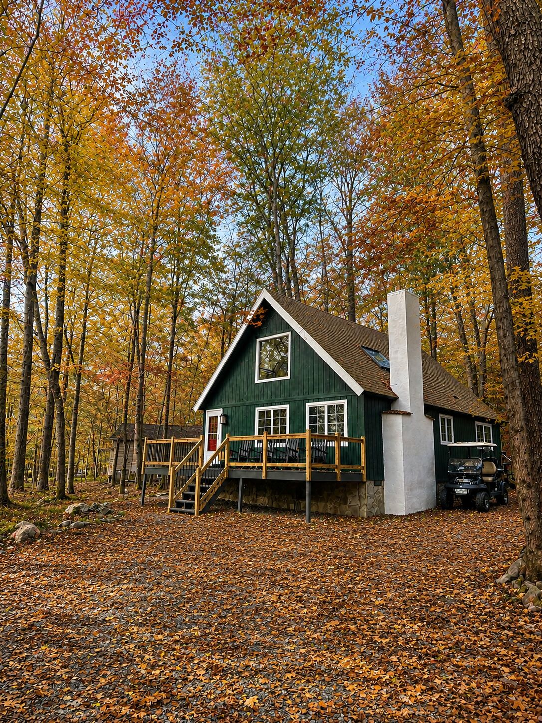 A cabin with a wooden deck and a chimney, surrounded by autumn foliage.