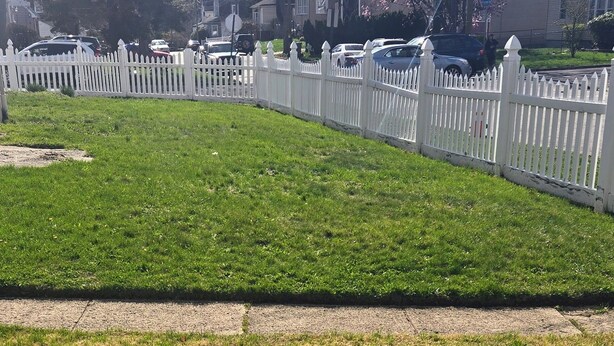 A grassy area with a white picket fence, a stop sign, and parked cars.