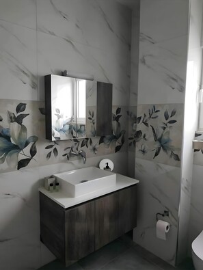 Shower, hair dryer, towels