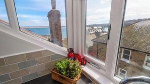 A kitchen with a view of the sea, a brick chimney, and a window with a red fire extinguisher. - Seagulls Nest (St Ives)
