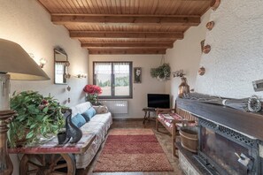 Una sala de estar acogedora con techo de madera, un sofá con cojines, una mesa con una planta, una chimenea y un televisor.