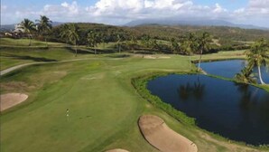 Ein Golfplatz mit Teich, Palmen und Bergen in der Ferne.