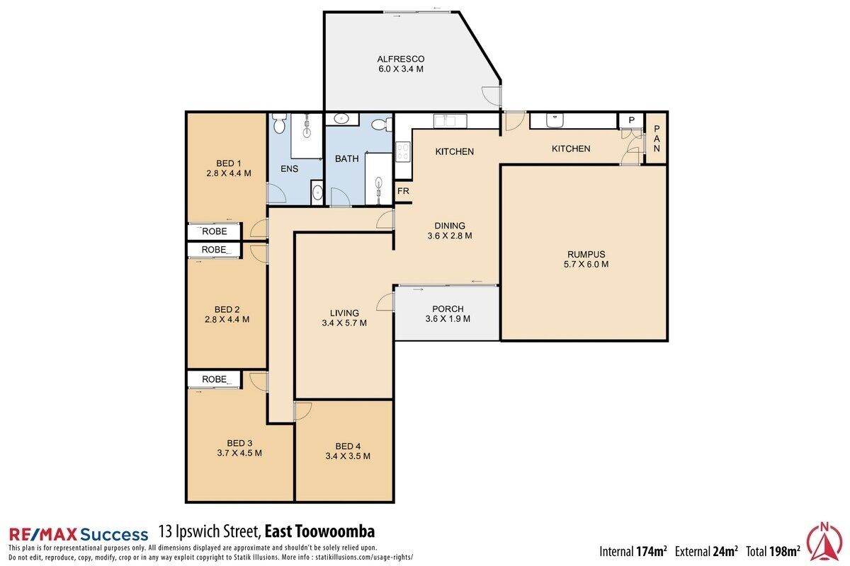Plan d’étage d’une propriété située au 13, rue Ipswich, à East Toowoomba, indiquant les différentes pièces avec leurs dimensions, ainsi que l’emplacement de la cuisine.