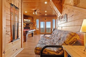 Smart TV, fireplace, video games, DVD player