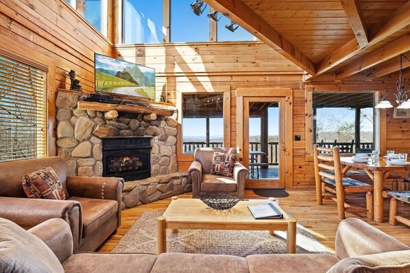 Smart TV, fireplace, video games, DVD player