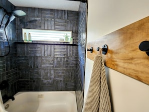 Shower, towels, soap, shampoo