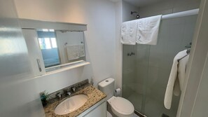 Shower, towels, soap, toilet paper