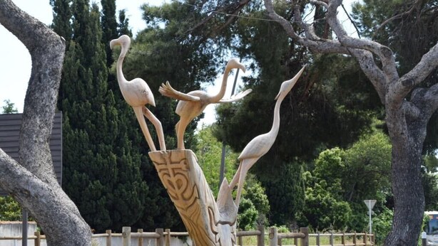 A wooden sculpture of three birds on a tree trunk. - L' Escale, appartement climatisé à 50 mètres de la plage avec WIFI et Box Tv (Fos-sur-Mer)
