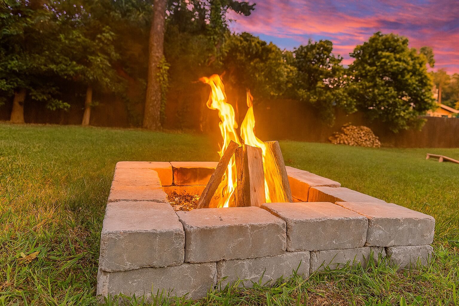 A fire pit with flames, surrounded by a stone border, set in a grassy yard with trees in the background.