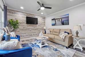 Smart TV, fireplace, books, computer monitors