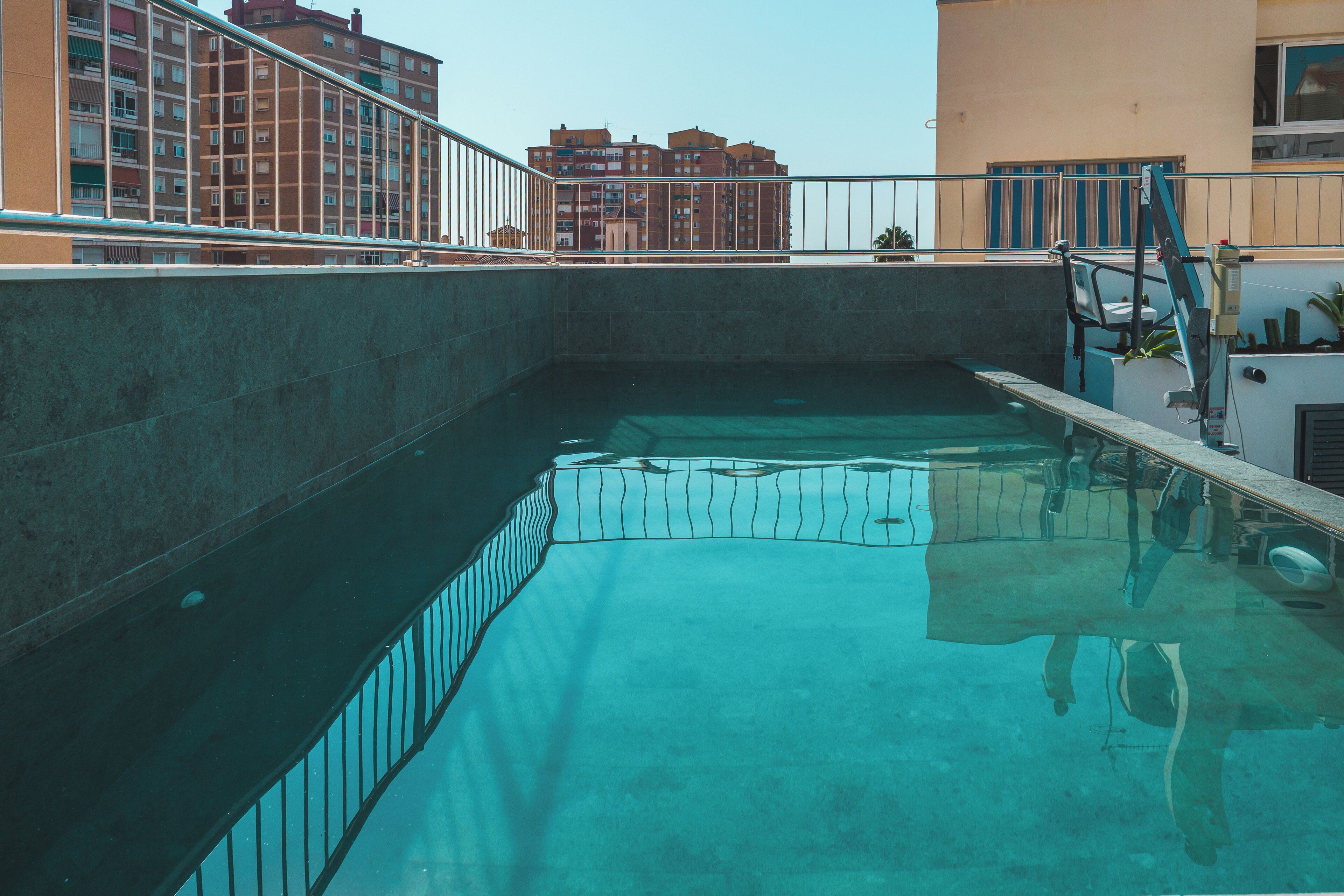 Outdoor pool, pool umbrellas, pool loungers