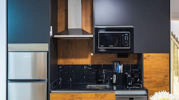 Full-size fridge, microwave, stovetop, dishwasher