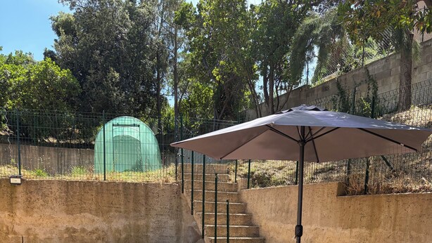 Un jardin avec un jacuzzi, un espace salon extérieur, un escalier et une clôture verdoyante.