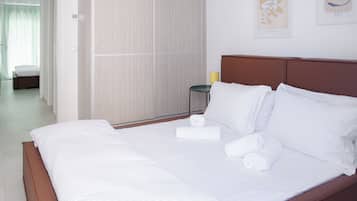 Superior-Apartment, 2 Schlafzimmer | Hochwertige Bettwaren, Pillowtop-Betten, kostenlose Babybetten