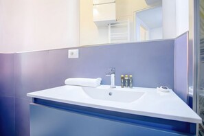 Shower, hair dryer, bidet, towels
