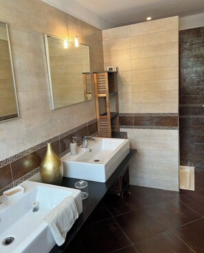 Shower, hair dryer, towels