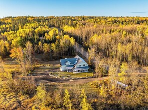 Ein Haus, von einem Wald umgeben, mit blauem Himmel.