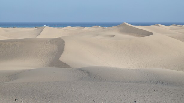 A desert landscape with sand dunes and a clear sky.