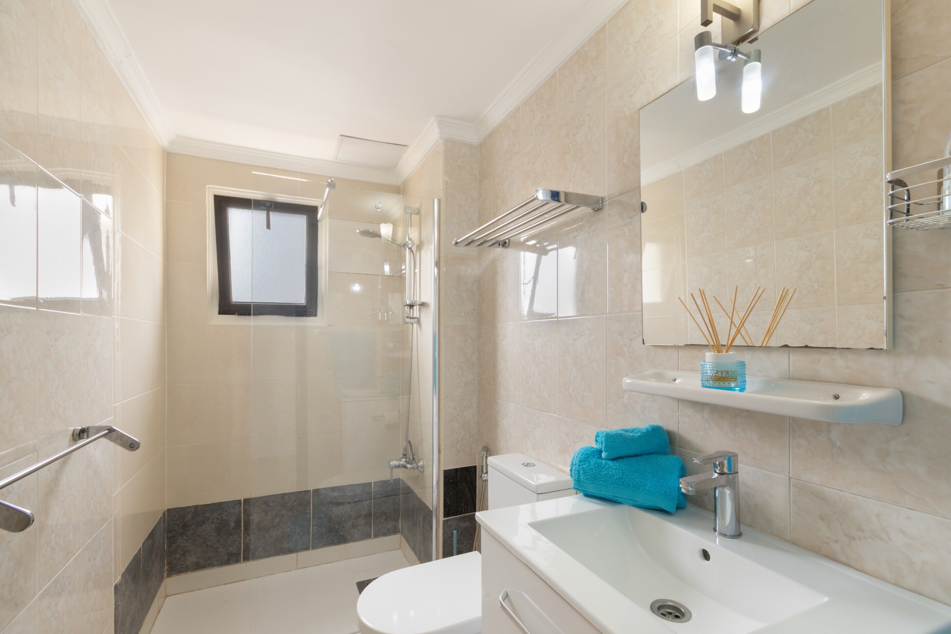 Shower, hair dryer, towels