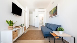A modern living room with a sofa, TV, and a small table with a plant. - Apartment 'Ingrosso Suites - Green' with Private Terrace, Wi-Fi and Air Conditioning (Castri di Lecce)