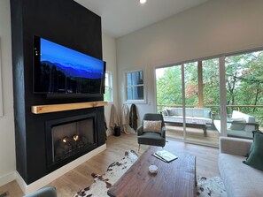 Smart TV, fireplace, books