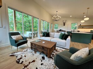 Smart TV, fireplace, books